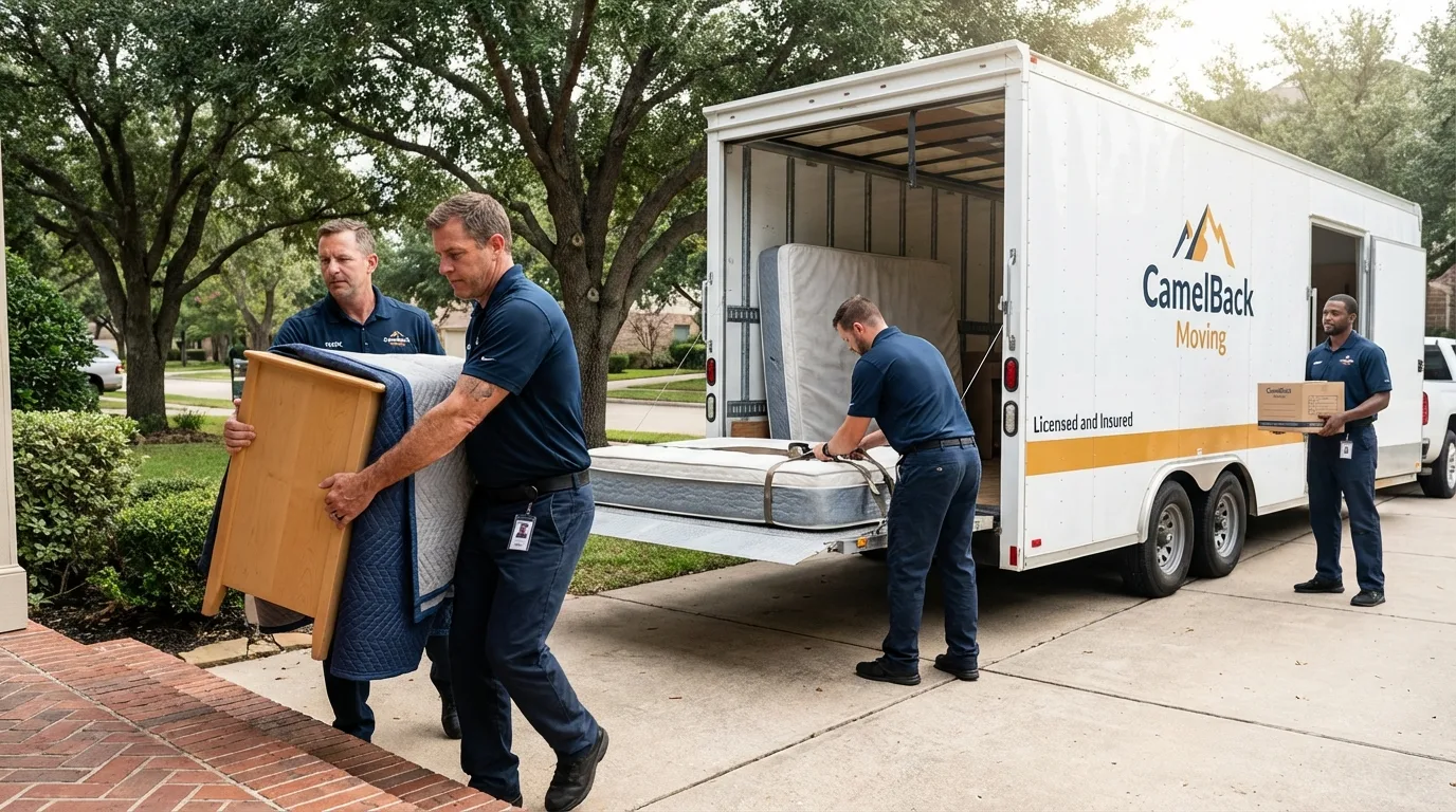 Crew loading residential truck for cross-state move from Pixley, CA