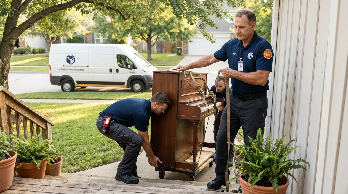 Licensed piano movers securing grand piano in Pixley, CA