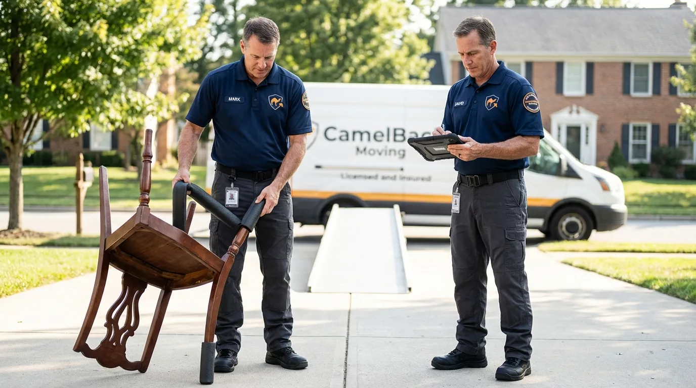 Movers inspecting furniture for damage prevention before loading in Pixley, CA