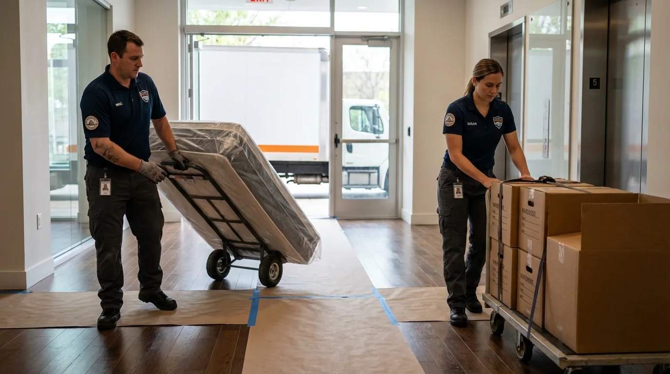 Professional apartment movers loading elevator in Pixley, CA