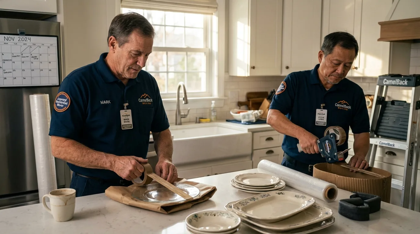 Professional crew packing kitchen dishware in Pixley, CA